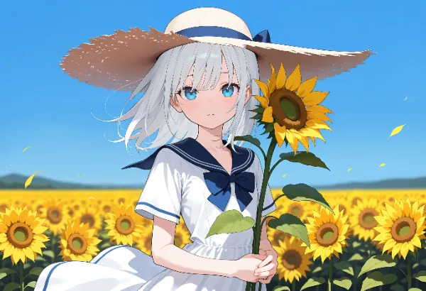 うちの子と麦わら帽子とひまわりと