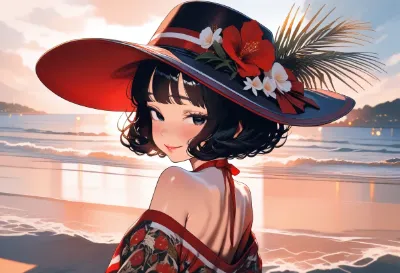夕陽のビーチで振り返る花飾りの少女