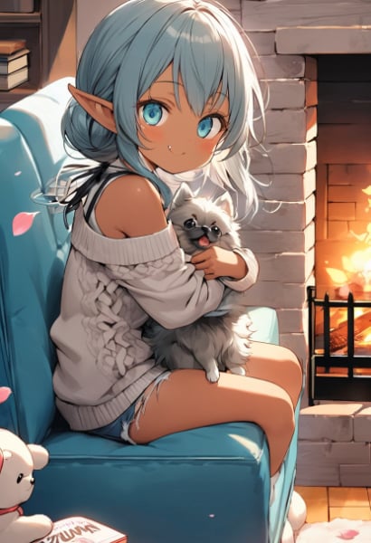 エルフさんとポメラニアンと暖炉