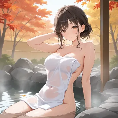 紅葉の湯に浸かる美少女