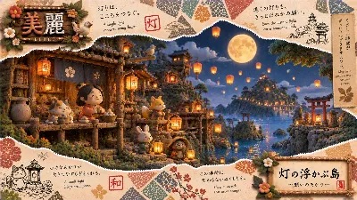 月夜の島で灯りをともす仲間たち