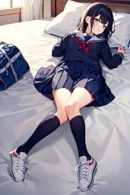 ベッドの上でスニーカーを履いた女の子