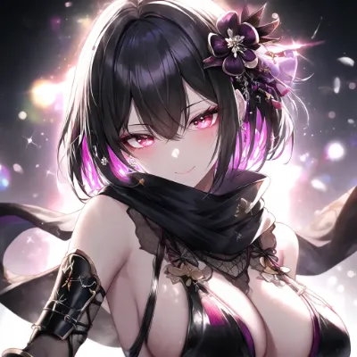 紫の花と輝く瞳の少女