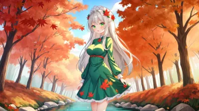 紅葉の森で微笑む銀髪の少女