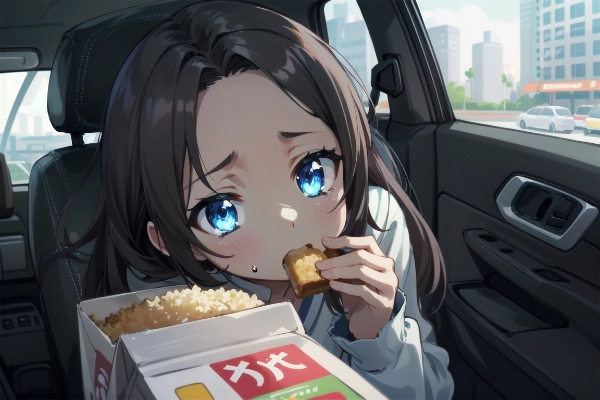 休日出勤、車内でごはん