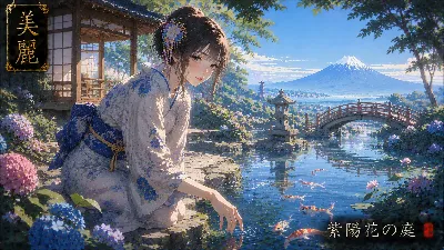 紫陽花の庭で鯉と触れ合う夏のひととき