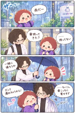 雨の日に小さな傘をシェアする二人