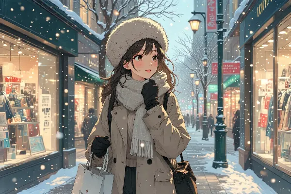 雪舞う街角の冬の出会い