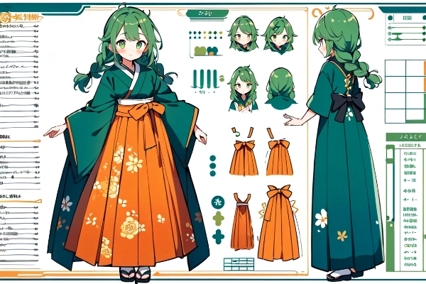 設定資料集。うちの子。和傘を差した緑髪の和装魔法使い。