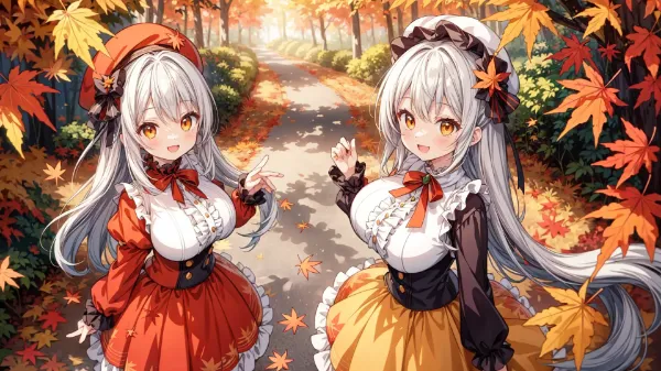 秋の森で微笑む双子の姉妹