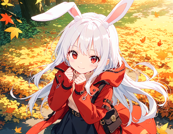 秋服で紅葉お散歩白うさちゃん