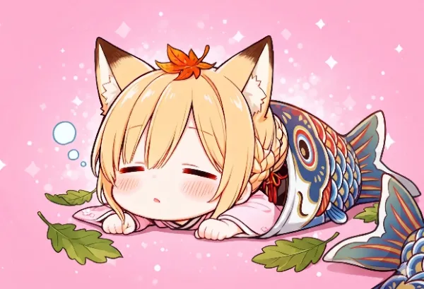 【こいのぼり】こいのぼりを寝袋代わりにする幼狐ちゃん