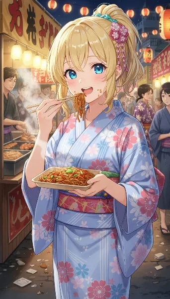 夏祭りの夜に焼きそばを頬張る浴衣少女