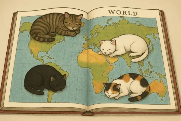 地図帳の上でくつろぐ猫さん