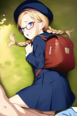 (眼鏡、三つ編み) 学校帰りの金髪少女