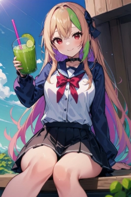 縁側で青汁を飲む美女