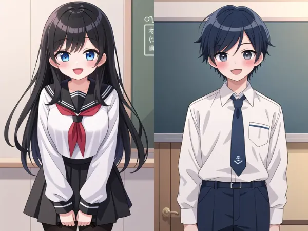 見つめ合う高校生カップル♥