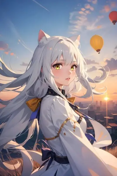 しちみ、気球を見る