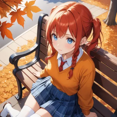 秋のベンチの少女