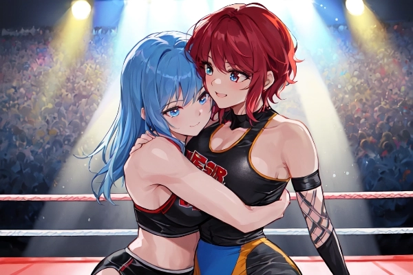 女子プロレスでベアハッグを掛ける青髪の女子レスラー