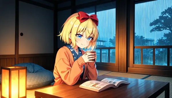 暖かい光のもとで本読むー