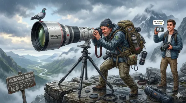 雨の絶景ポイントで鳩の奇跡