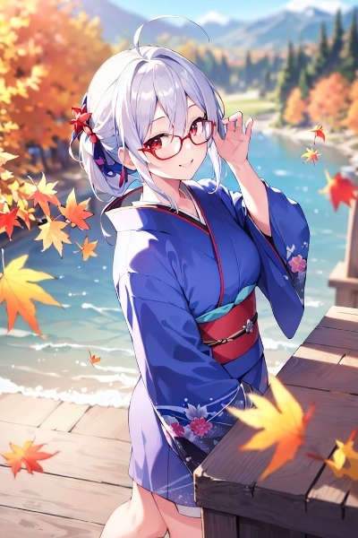 和装の彼女と紅葉