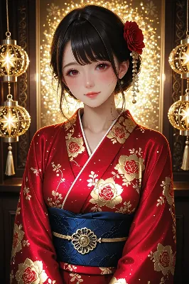 輝く灯火と赤い着物