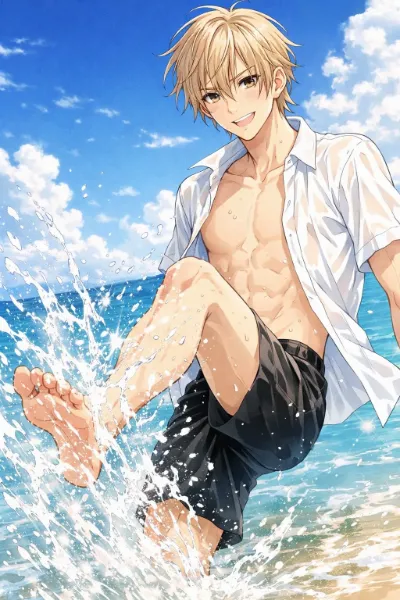夏の海辺で輝く笑顔と水しぶき