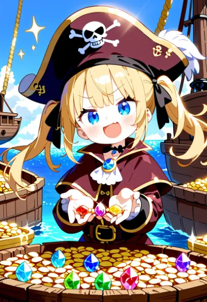 宝石を手に取る海賊少女