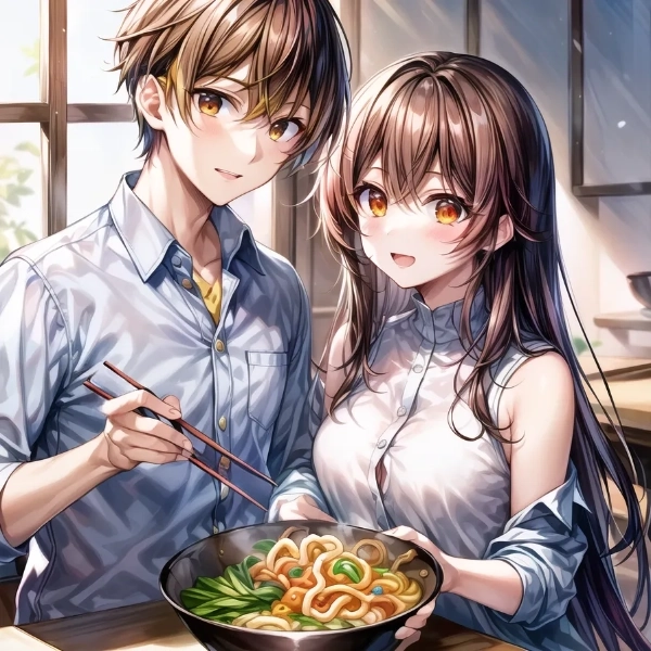 カレーうどんを仲良くつつくカップル