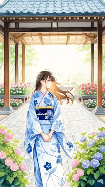 和装の女性と花園
