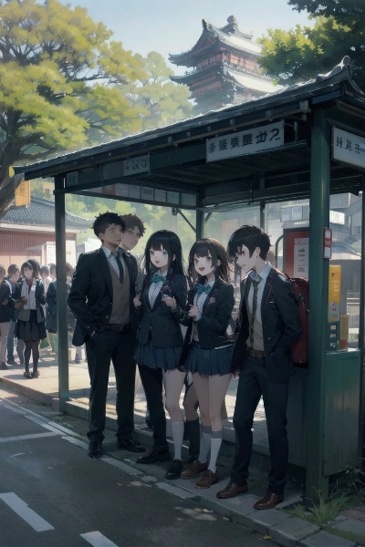 京都のバス停でバスをまつ修学旅行生