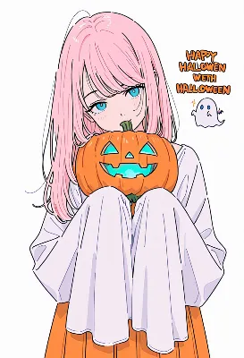 光るかぼちゃを抱くピンクの幽霊