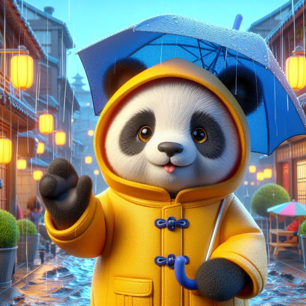 レインコートを着てるパンダ