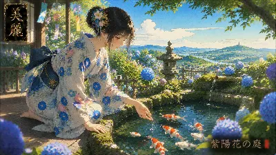 紫陽花の庭で鯉に手を伸ばす少女