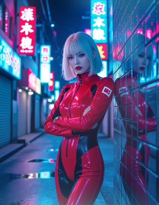 ネオン街に佇むサイバーパンク・アイドル
