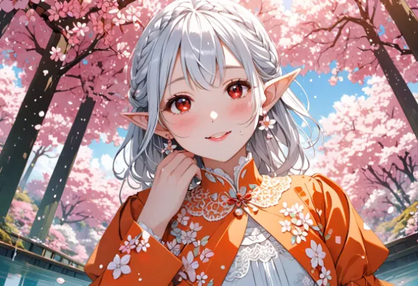 桜舞う森のエルフ少女の微笑み