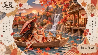 紅葉の舟で猫と見つめる秋の夕べ