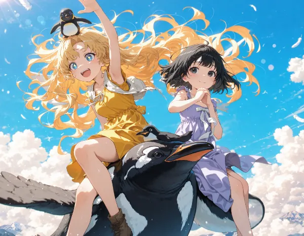 黒髪＆ブロンド・ペンギンに乗った