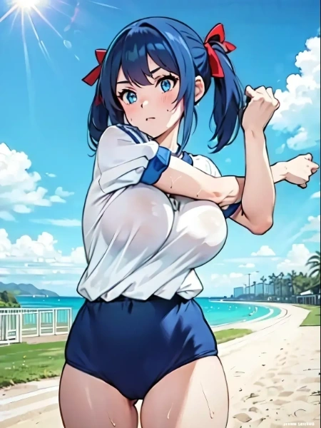 海でランニング前のストレッチ