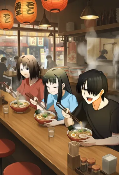 両儀式ファミリーがラーメンを一気に食べています