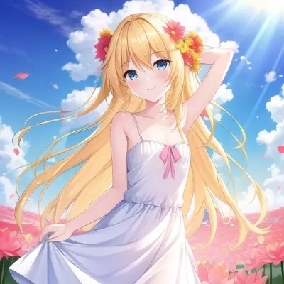少女、黄色い髪、白い服、笑顔、空、雲、赤い花畑、太陽光線