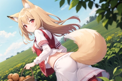 A cute fox girl with farmer work clothes is harvesting potatoes in potato field.