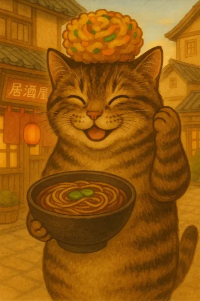 かき揚げを頭に載せた猫さん