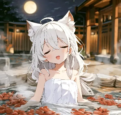 月夜の湯に白猫が溶ける
