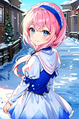 雪とピンク髪の女の子