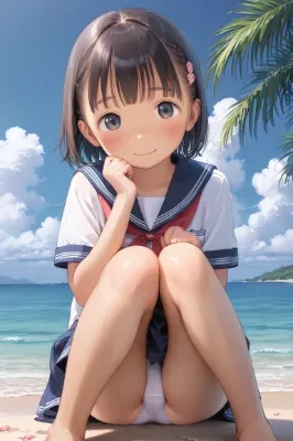 【サンプル】セーラー服〇リJ〇ちゃんたちが海で体育座りパンチラ（6枚）