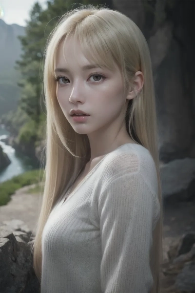 渓谷を散策する金色の髪の少女