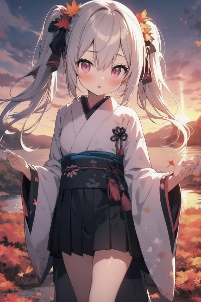 夕焼けと和服少女